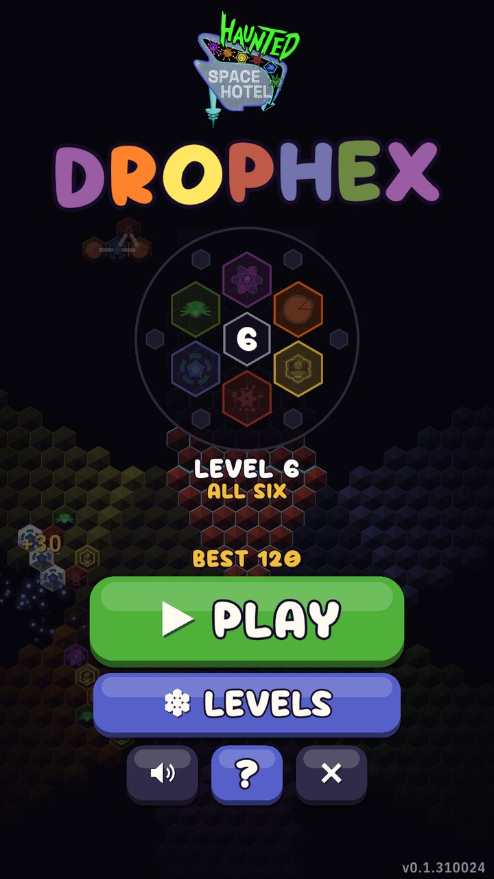 The DropHex title screen at level 6: PLAY and LEVELS, and the Rule of Six emblem lit all the way round