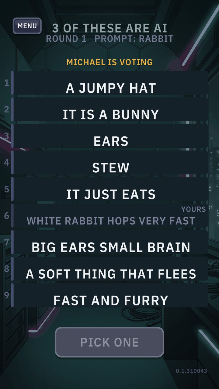 The vote screen — nine answer cards to one prompt, three of them written by an AI, with the player’s own card greyed out