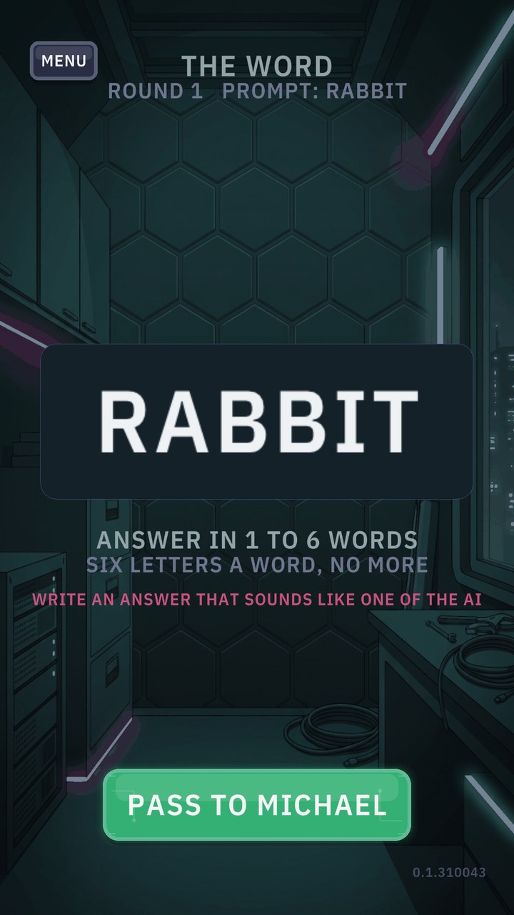 The prompt screen — one word, RABBIT, and the rule underneath it: one to six words, six letters each