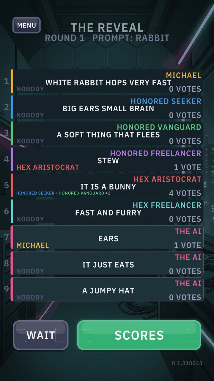 The reveal — every card turned face up with its author’s seat colour, the AI’s cards among them