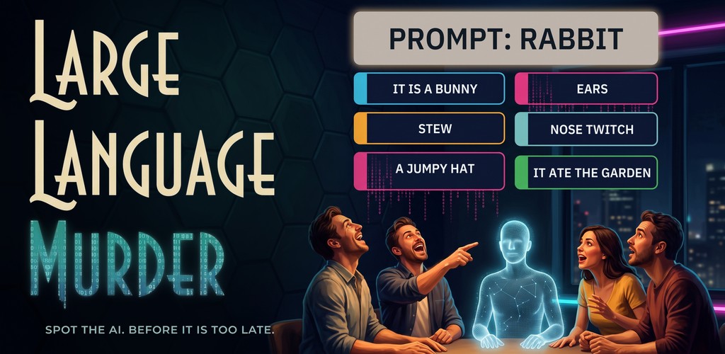 Large Language Murder — six answers to the prompt RABBIT, and a table of players pointing at the AI sitting among them