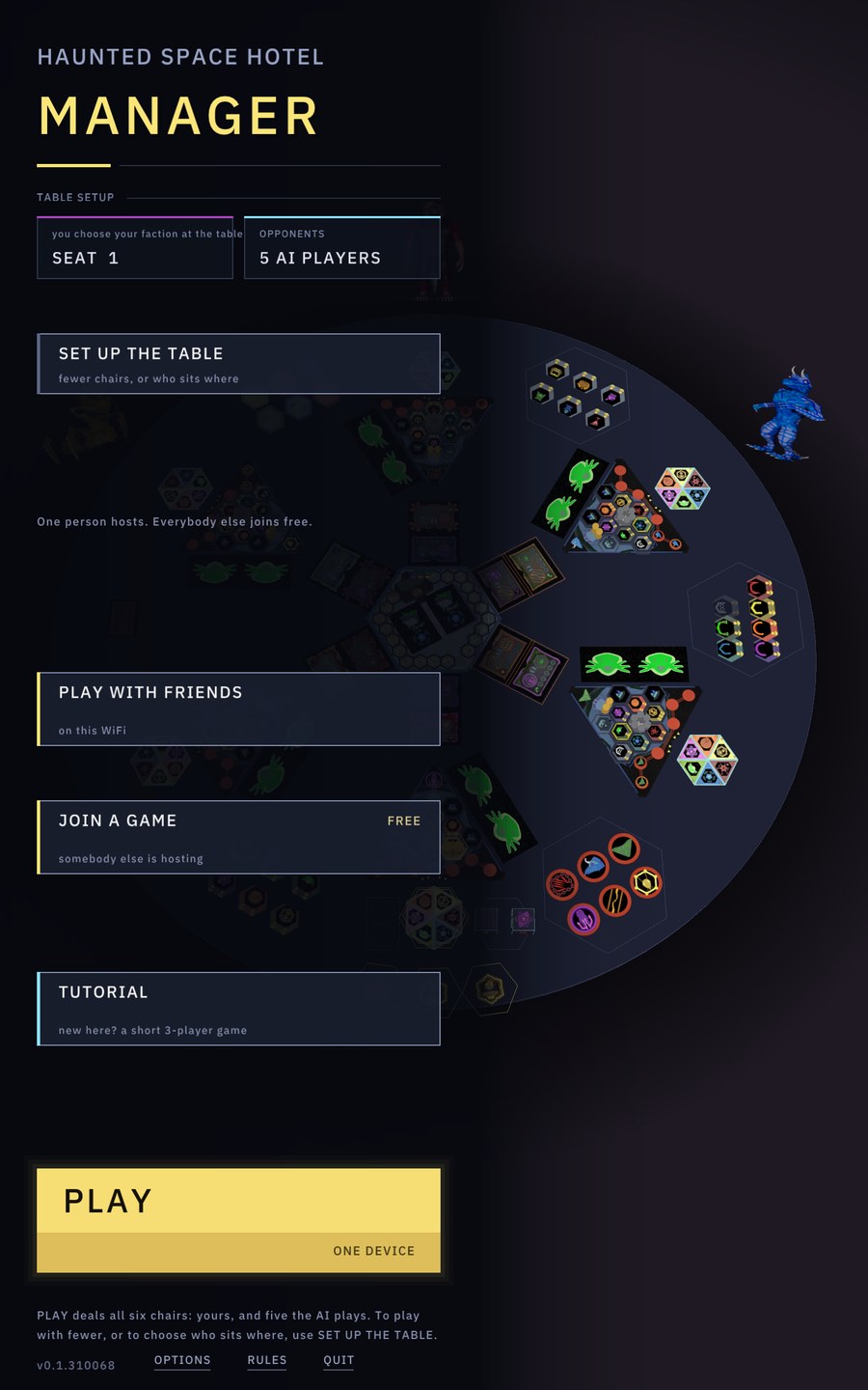 The title screen: set up the table, play with friends on your WiFi, or join a game free