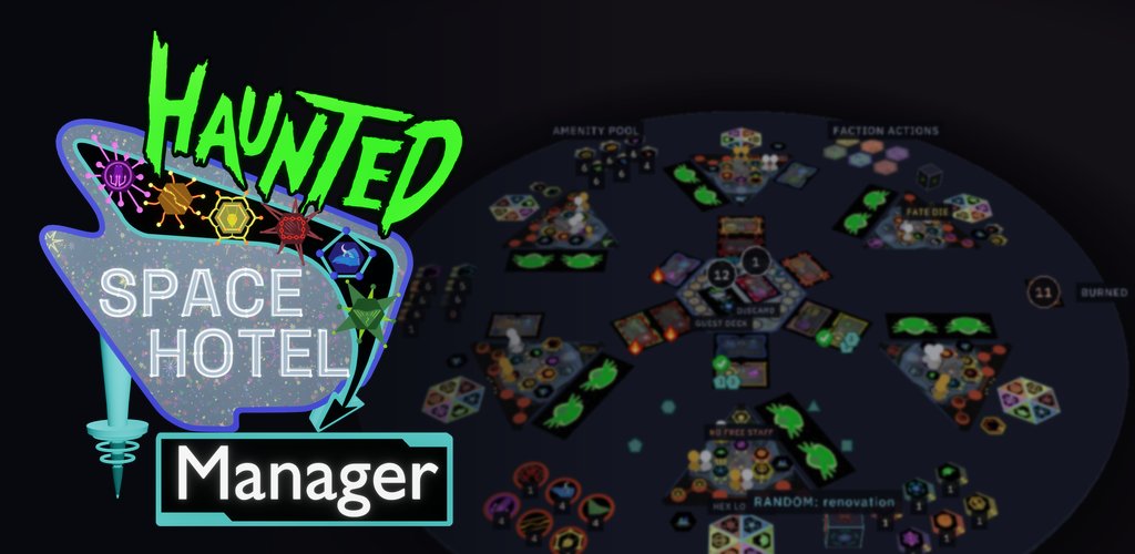 Haunted Space Hotel: Manager — the neon sign beside the 3D round table, six hotels round the Snohe hex