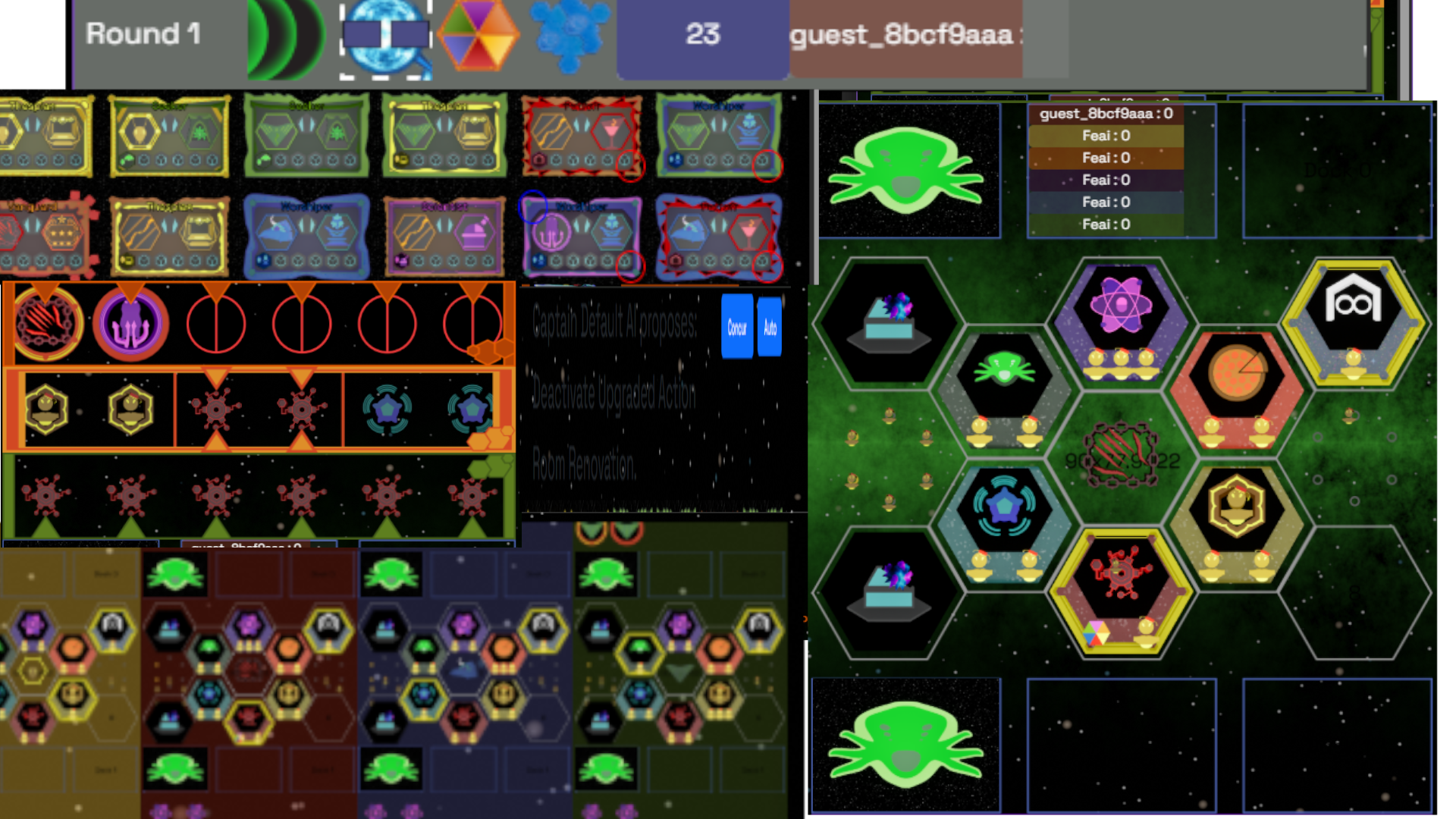Manager Online in-game: faction tiles, action queues, and the Action Hex in active play