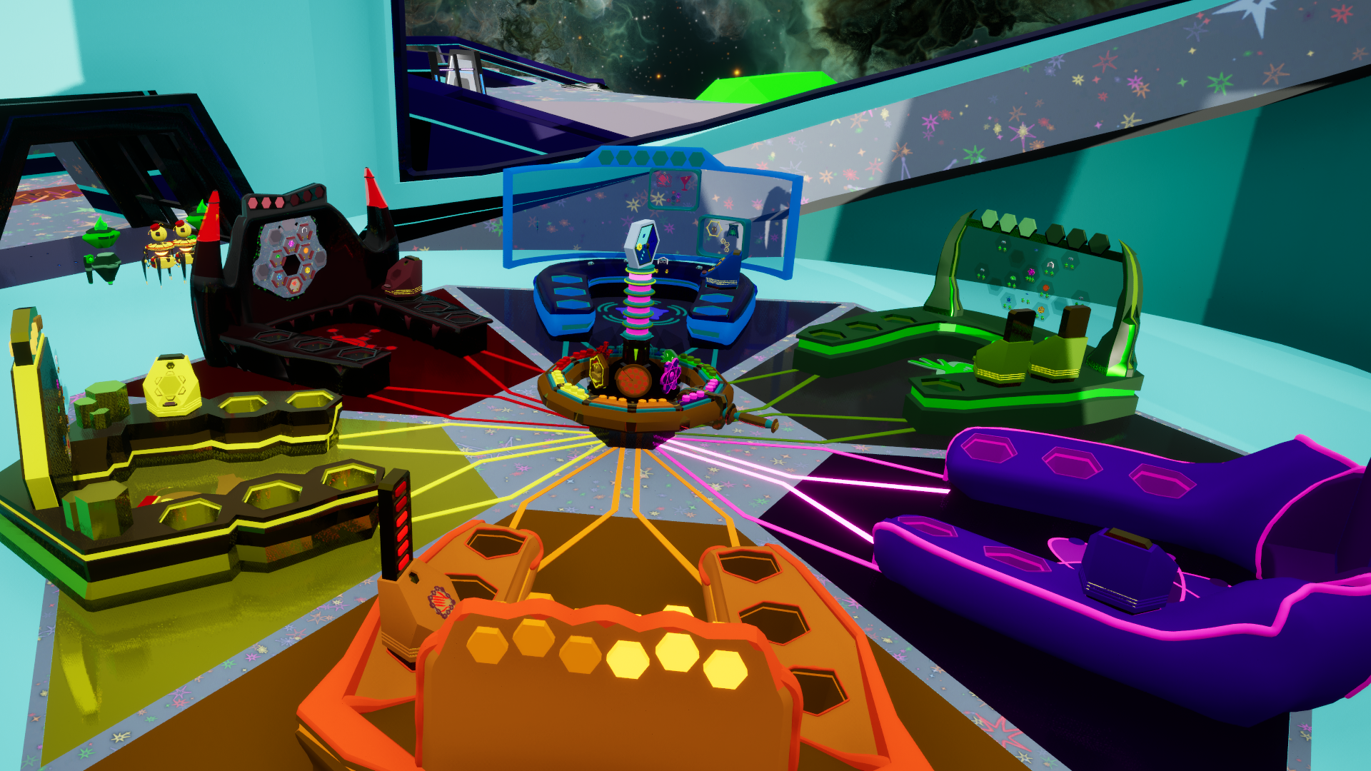 Vacancy gameplay: the hotel lobby with multiple alien guest service stations